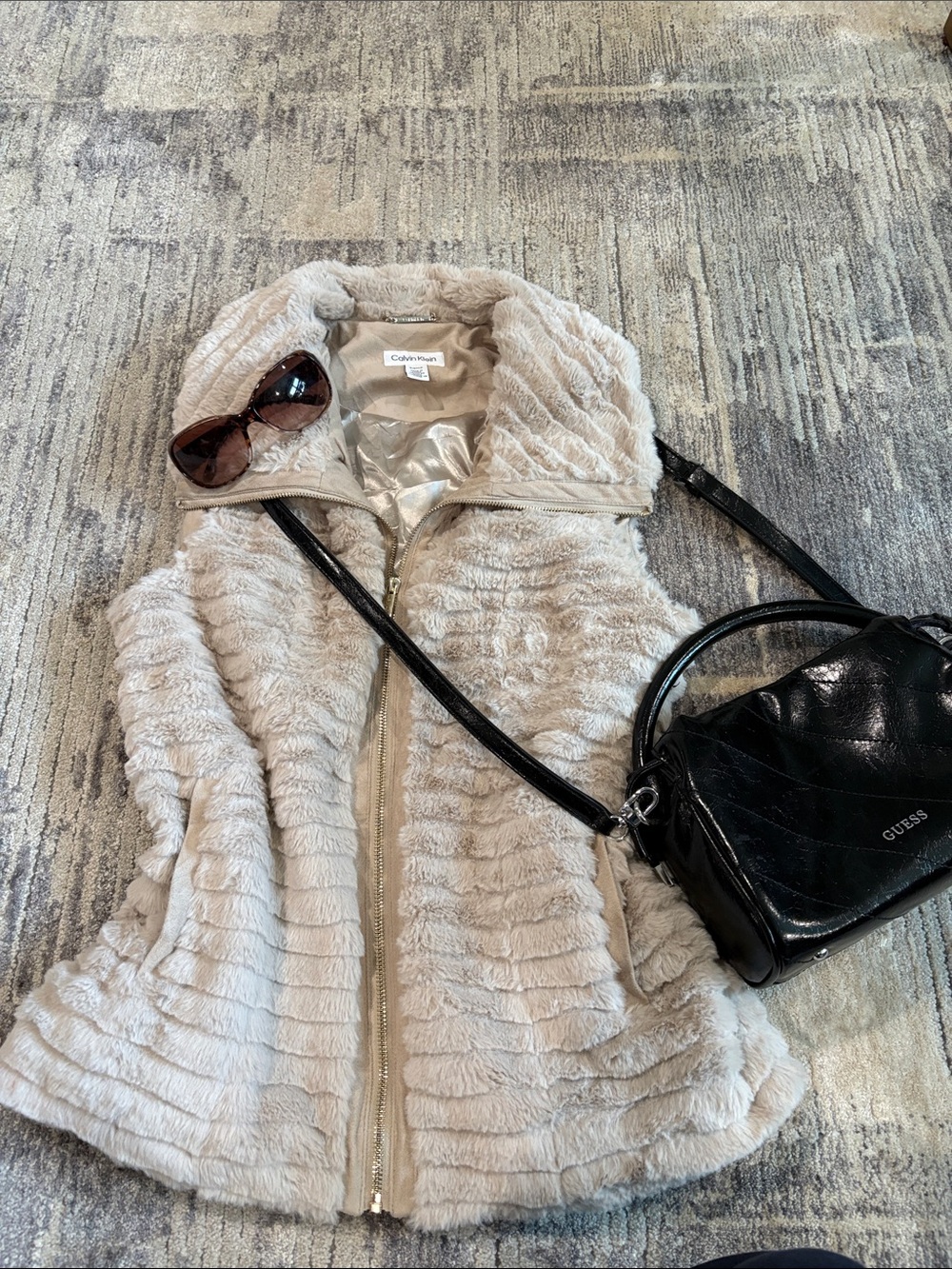 Calvin Klein Cream Faux Fur Zip-Up Vest